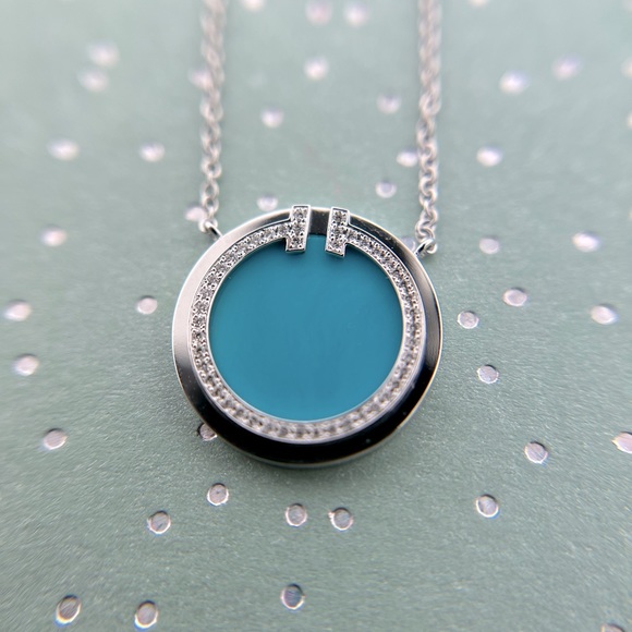TIFFANY & CO DIAMOND TUROUOISE 18 KARAT
WHITE GOLD TIFFANY T CIRCLE NECKLACE - Picture 5 of 14